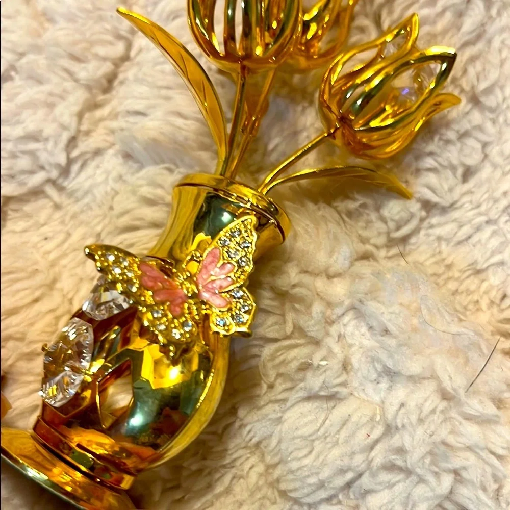 Matashi 24k Gold Plated Flower Bouquet and Vase w/ Crystals & Pink Butterfly